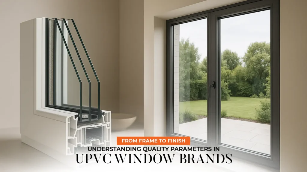 Best uPVC window brand in Uttarakhand – cross-section of a uPVC window frame and a sleek modern uPVC sliding door overlooking a garden.