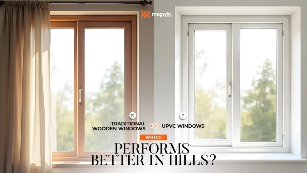 uPVC windows vs wooden windows – side-by-side comparison in hills by Best uPVC window brand in Uttarakhand.