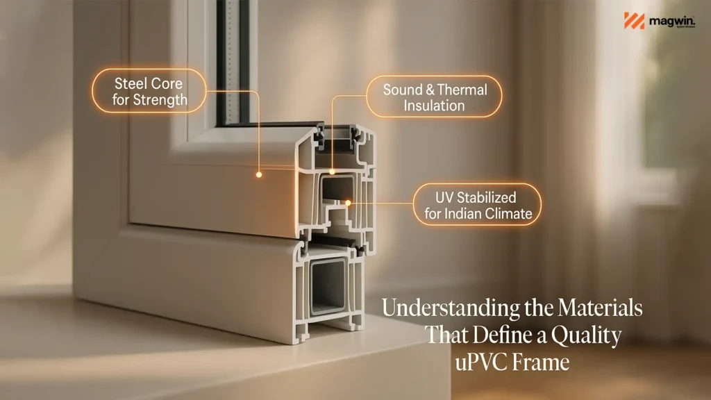 Cut-section of uPVC window frame by the best uPVC window manufacturer in Uttarakhand showing steel core, thermal insulation, and UV stabilization