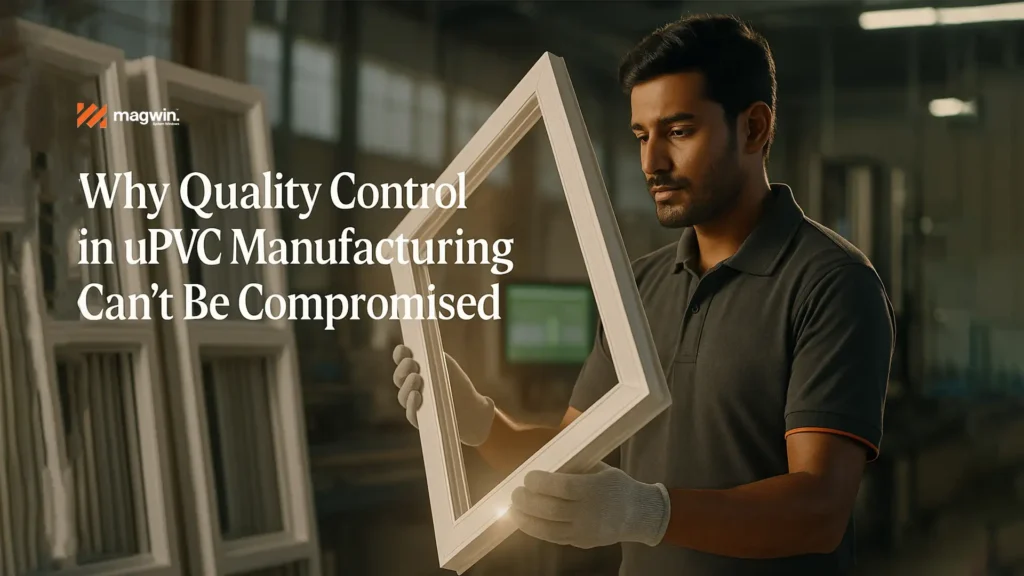 Engineer inspecting frame at the best uPVC window manufacturer in Uttarakhand