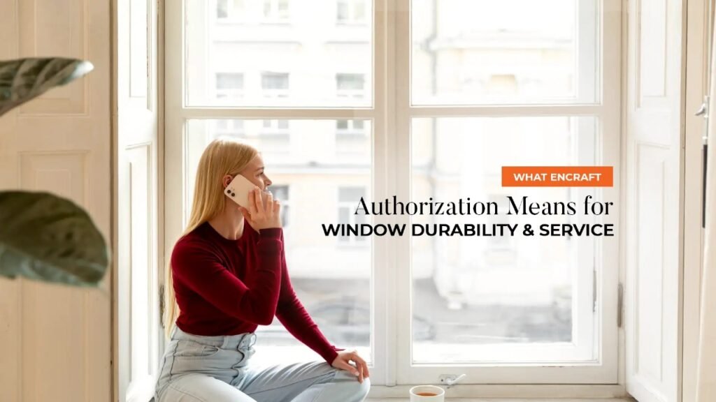 Woman talking on phone near large uPVC window installed by an authorized Encraft uPVC fabricator