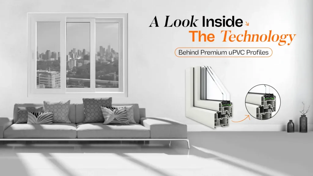 High-tech uPVC window cross-section and living room setup by Magwin – Best uPVC Window Brand in Uttarakhand
