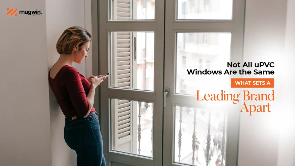 Woman standing by uPVC windows from Magwin, the best uPVC window brand in Uttarakhand