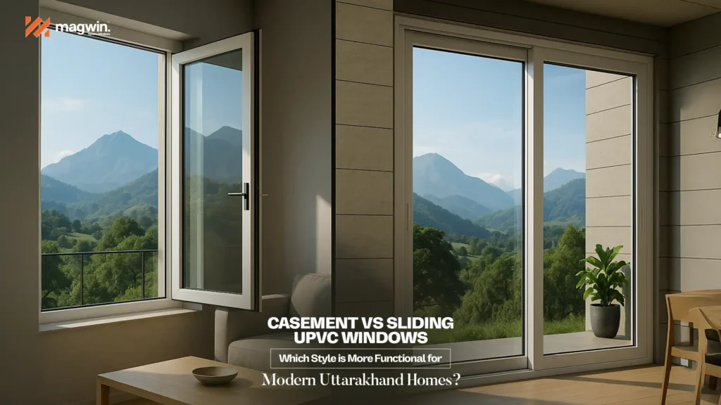 Interior view showing Casement Windows vs Sliding Windows with mountain view in Uttarakhand home