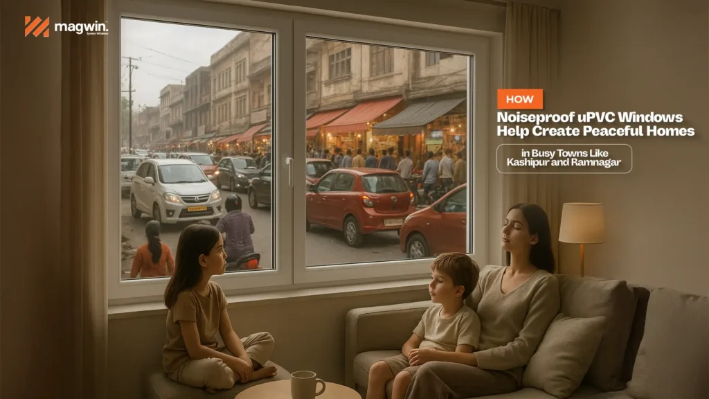 Family relaxing inside home with Noiseproof Windows in Uttarakhand blocking outside traffic noise