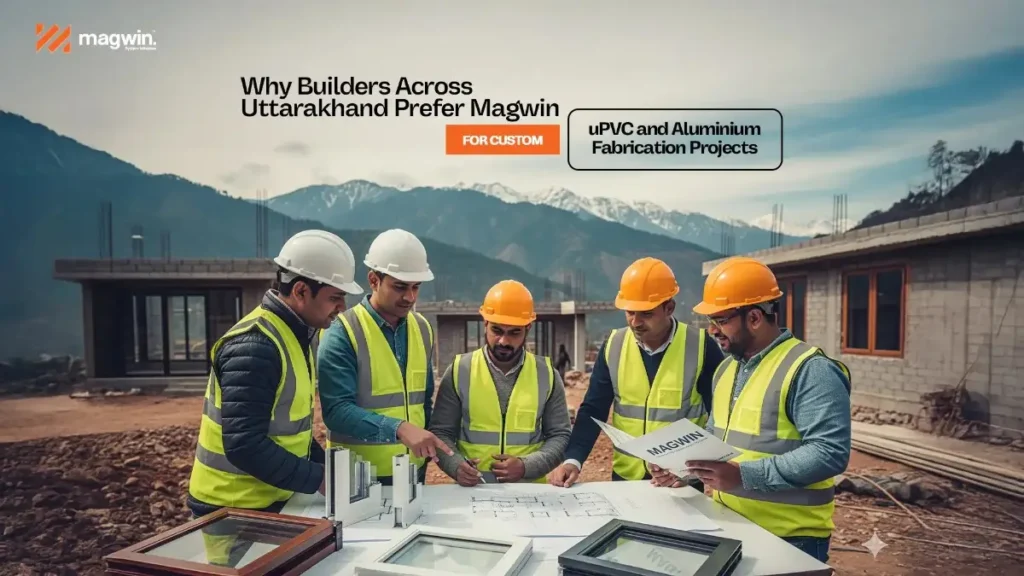 Builders discussing window designs at a construction site with Magwin, a leading Custom uPVC Window Fabricator in Uttarakhand.