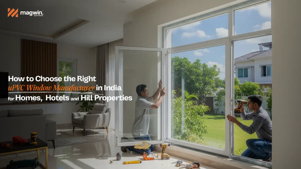 Technicians installing uPVC windows in a modern home by the Best uPVC Window Manufacturer in India for homes, hotels, and hill properties