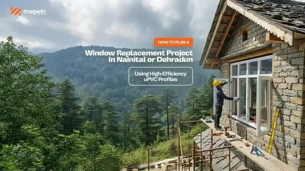 Worker installing new uPVC windows in a hillside home, showcasing efficient and durable Window Replacement in Uttarakhand.