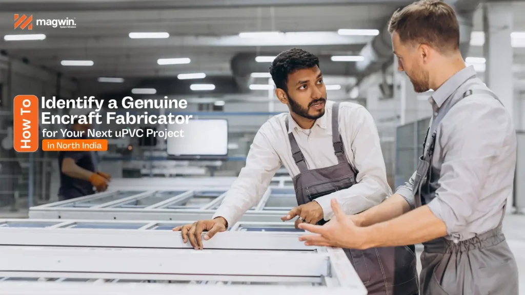 Professionals inspecting uPVC window frames in a factory — authentic Encraft window fabricator ensuring quality fabrication