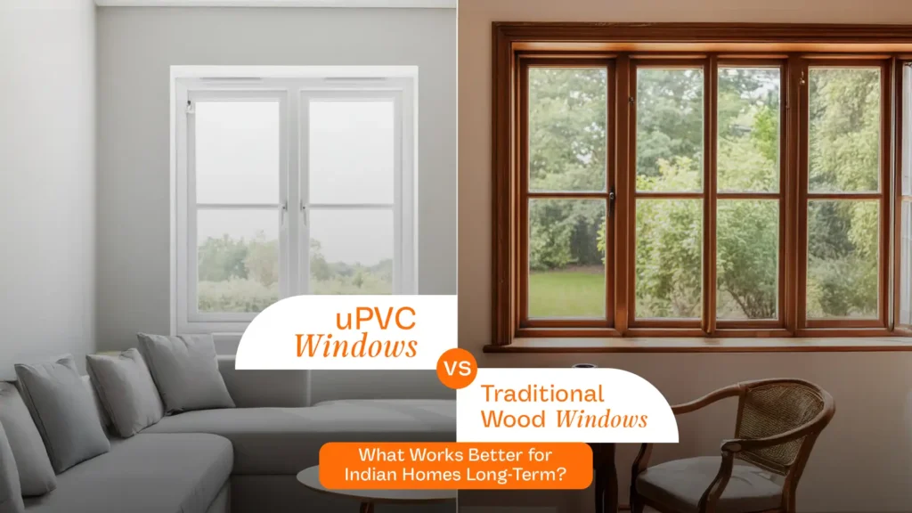 Side-by-side comparison showing uPVC and wooden windows to highlight durability and performance in uPVC vs wood windows India
