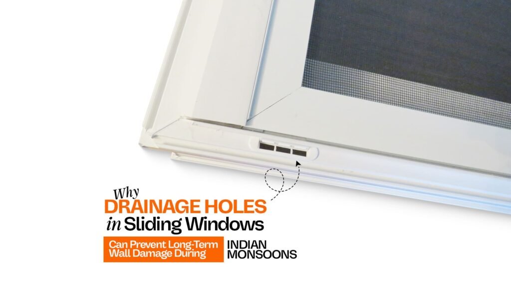 Sliding uPVC window water drainage system showing drainage holes for preventing rainwater seepage