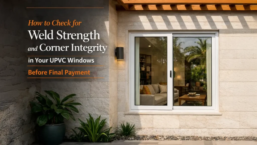 uPVC window corner strength test showing welded frame corners and sliding window installation