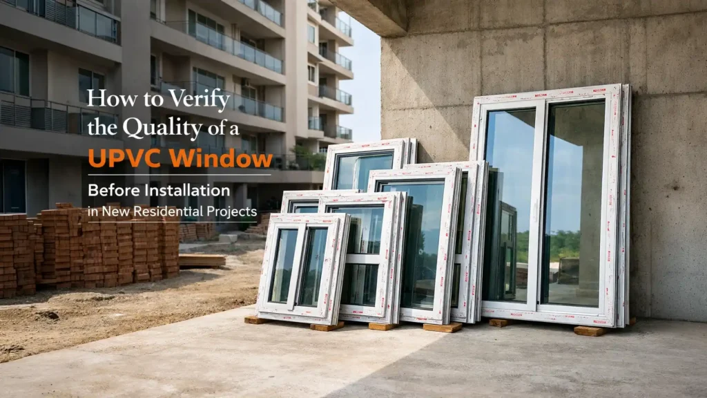 uPVC window quality check India showing pre-installation inspection of frames and glass at a residential construction site