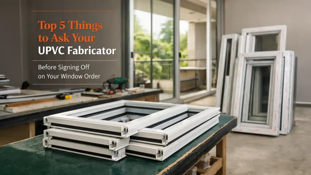 uPVC window fabricator India showing stacked uPVC window frames in a fabrication workshop before installation