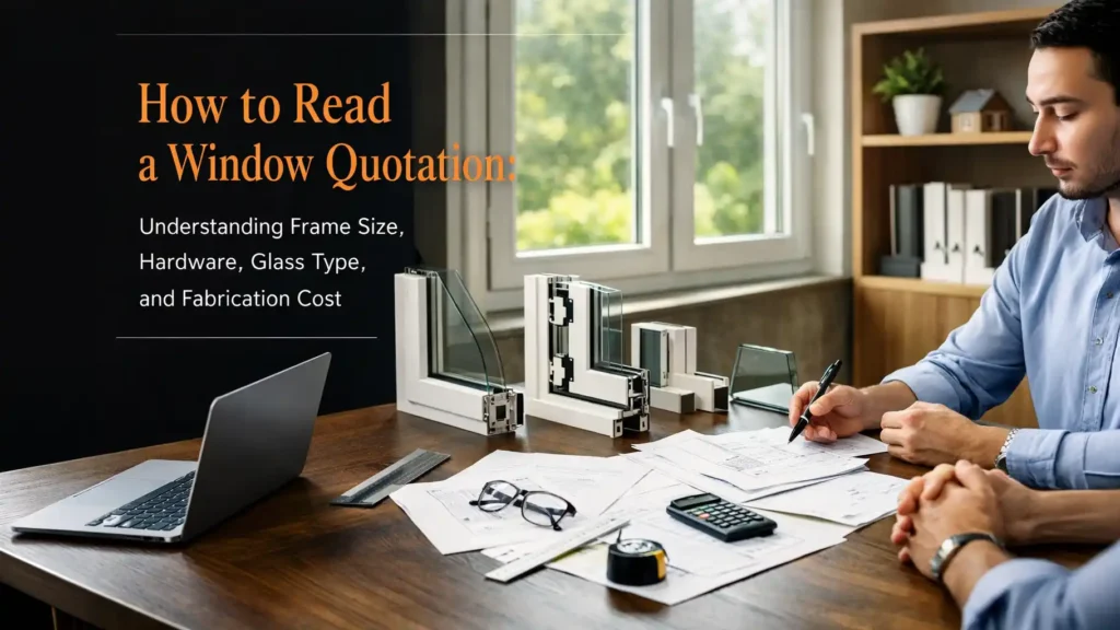 Homeowner reviewing window samples and documents, explaining a uPVC window quotation guide India covering frame size, glass, and hardware costs