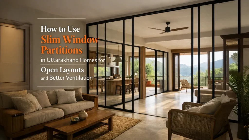 Modern living space using slim window partitions in Uttarakhand homes to create open layouts with natural light and ventilation