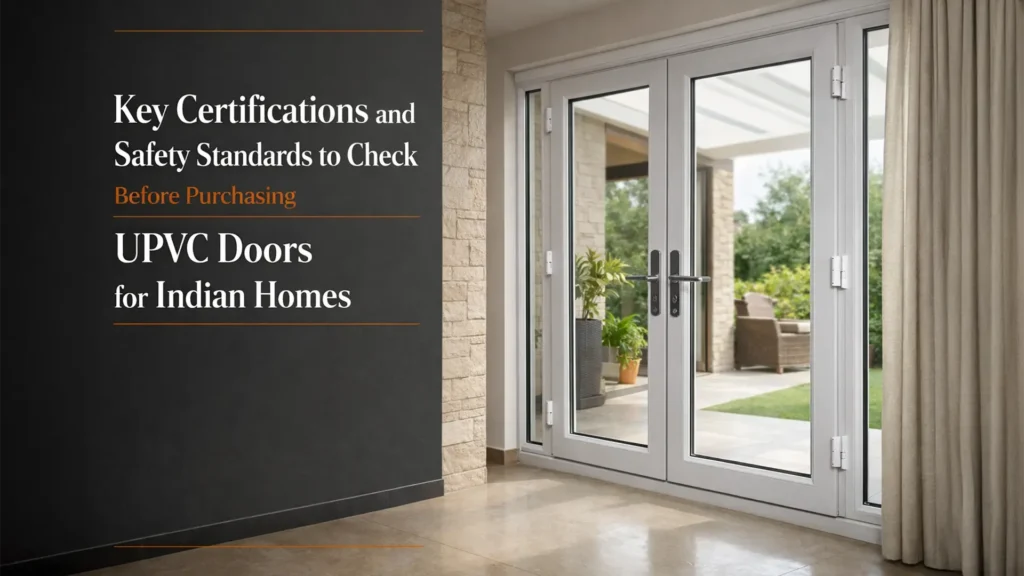 Modern uPVC double doors installed in an Indian home, illustrating compliance with uPVC door safety standards in India