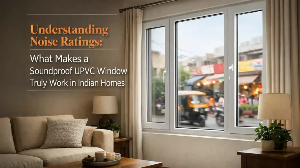 Soundproof uPVC window ratings India explained through a modern living room with noise-reducing uPVC windows facing a busy street