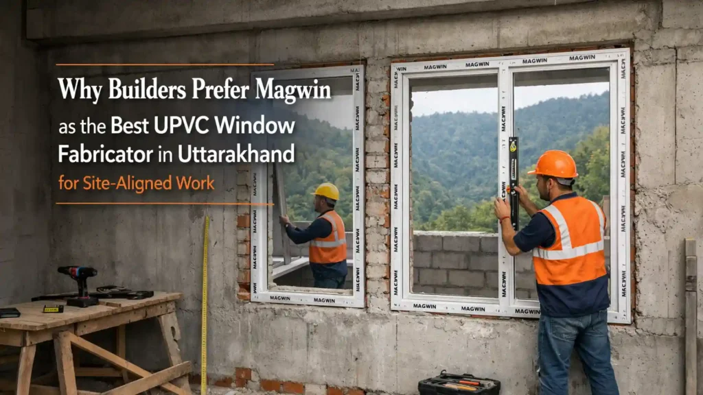 Best uPVC window fabricator in Uttarakhand installing precision-fit windows at an active construction site with on-site alignment checks