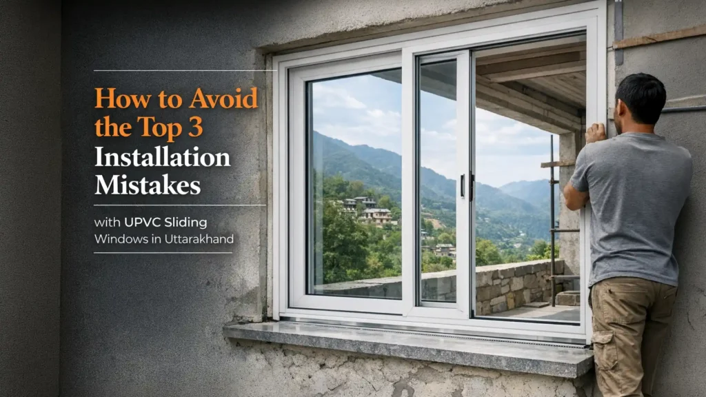 Technician installing uPVC sliding windows in Uttarakhand home overlooking mountain landscape