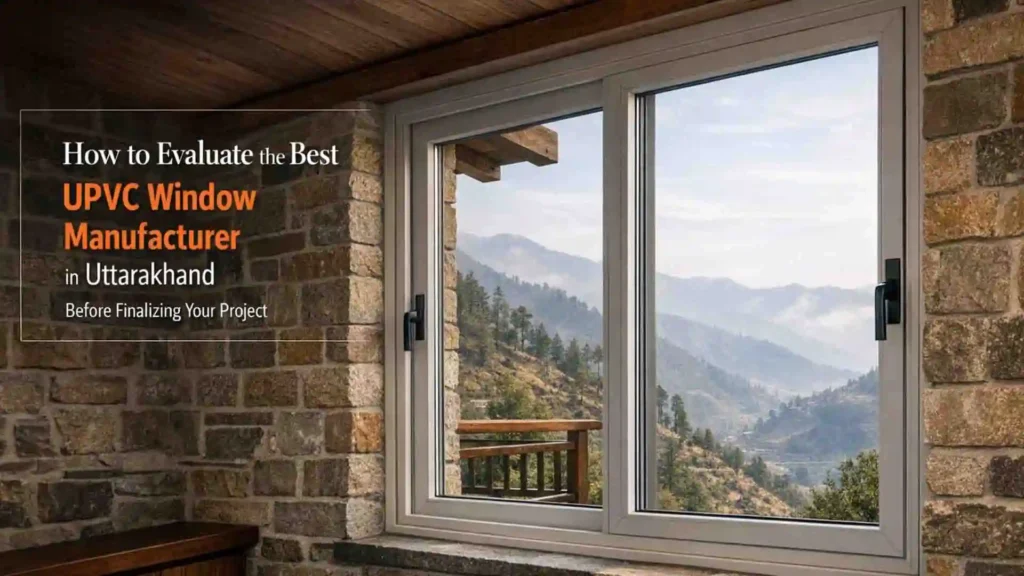Modern sliding uPVC window installed in a stone wall home overlooking hills, representing the best uPVC window manufacturer in Uttarakhand