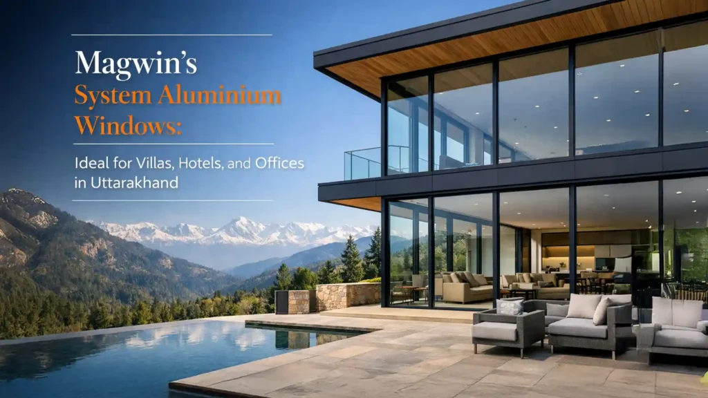 Modern villa featuring system aluminium windows Uttarakhand with large glass panels and mountain view architecture