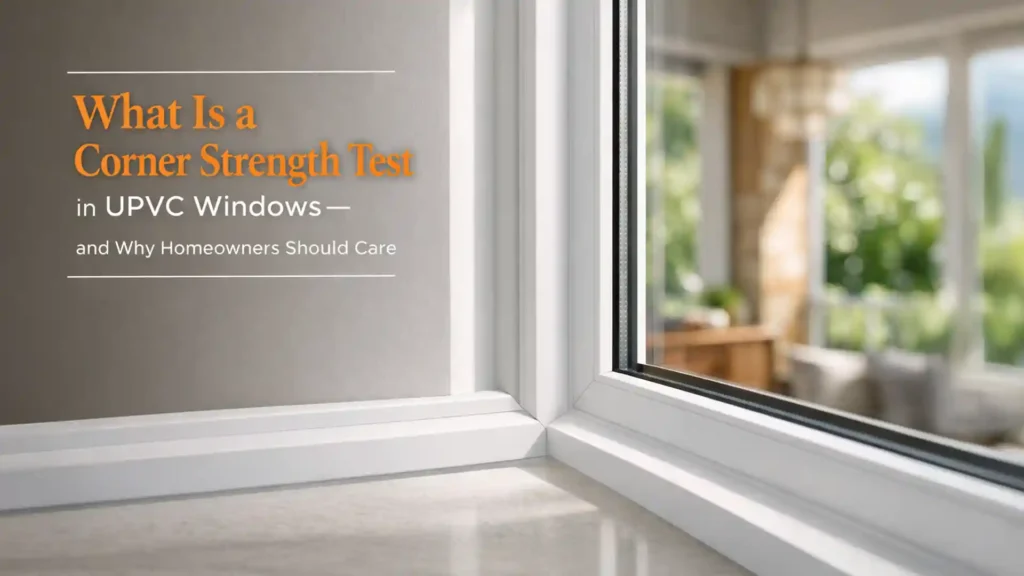 Close-up of a uPVC window frame corner joint highlighting structural bonding and alignment during a uPVC window corner strength test