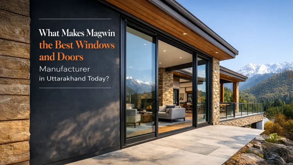 Best windows and doors manufacturer in Uttarakhand showcasing premium modern home with large glass windows, sliding doors, and mountain views
