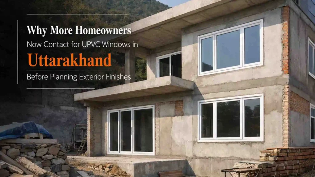 Modern home under construction with newly installed uPVC windows in Uttarakhand
