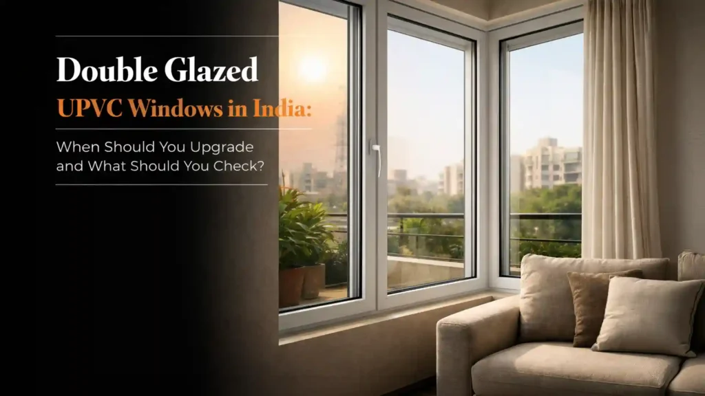 Modern living room featuring double glazed uPVC windows India with city view and natural light