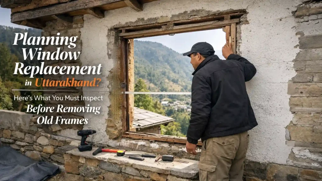 Technician inspecting an old window frame before window replacement in Uttarakhand hill home