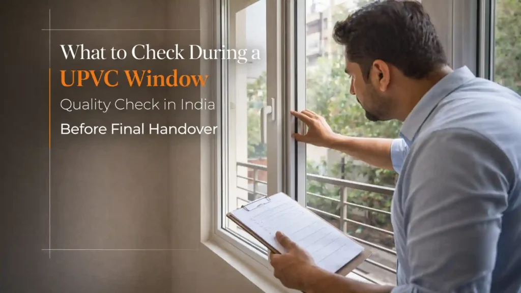 Inspector examining window frame during uPVC Window Quality Check India before final project handover