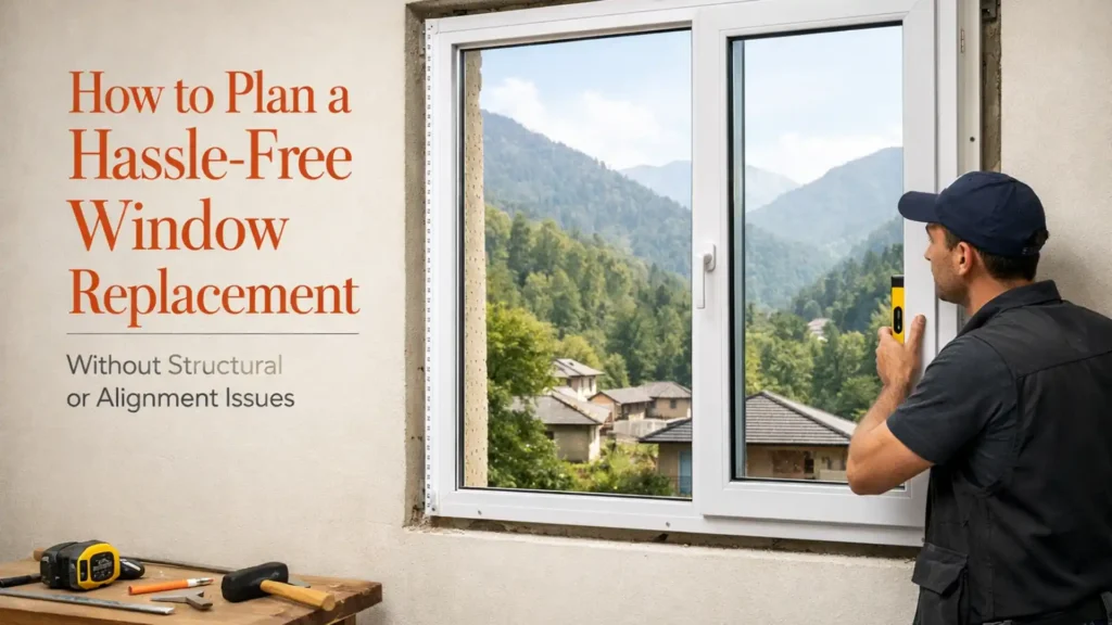 Window replacement in Uttarakhand showing installation of modern uPVC window with proper alignment in a hillside home