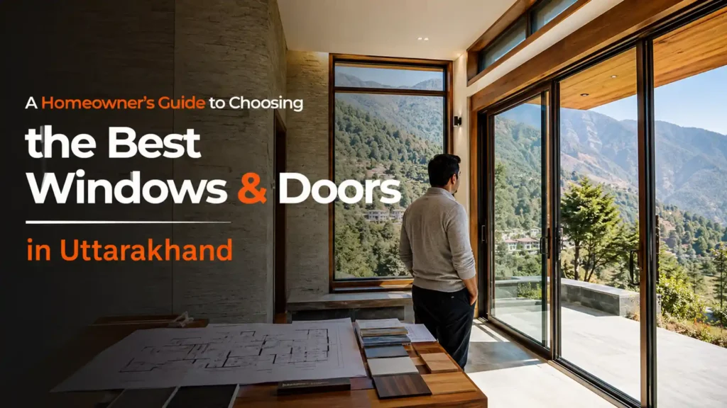 Best windows and doors in Uttarakhand installed in a modern home featuring large glass panels, energy-efficient frames, panoramic mountain views, and contemporary architectural design