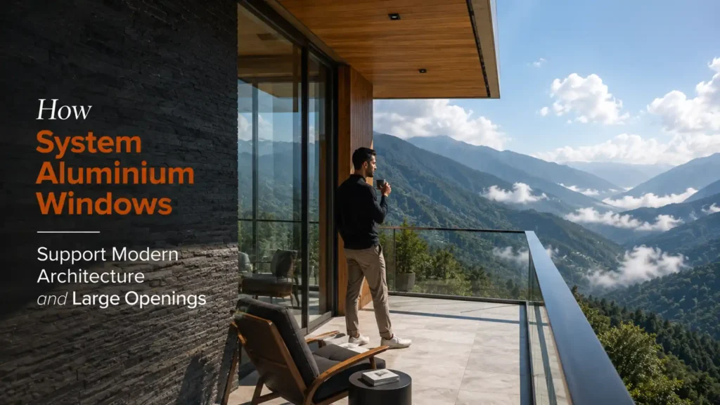 System Aluminium Windows Uttarakhand installed in a modern luxury hillside home with large glass openings and mountain views