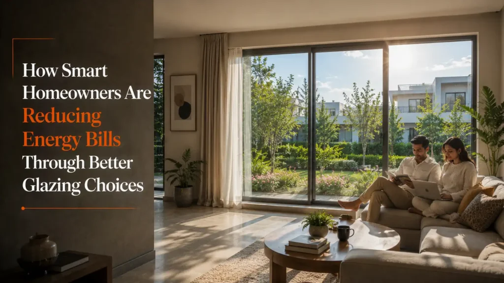 Modern living room featuring large double glazed windows India that maximize natural light, improve insulation, and help reduce household energy bills