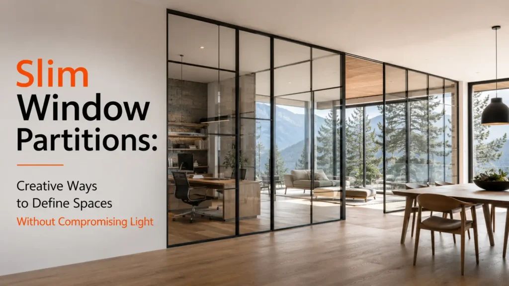 Slim Window Partitions in Uttarakhand featuring sleek black-framed glass dividers that define spaces while maximizing natural light and maintaining an open interior layout