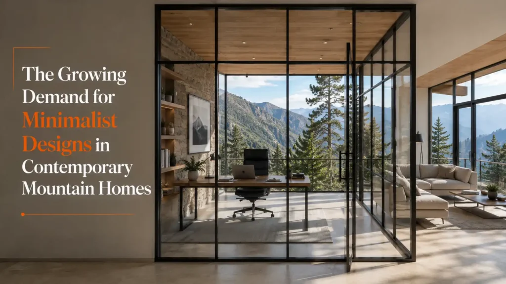Contemporary mountain home featuring slim window partitions in Uttarakhand with expansive glass panels, minimalist interiors, and panoramic outdoor views