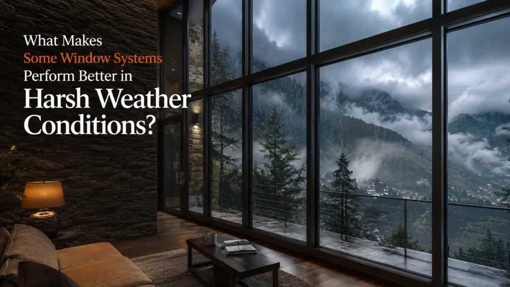 Premium system aluminium windows Uttarakhand installed in a modern hillside home, providing excellent weather resistance, thermal insulation, and panoramic mountain views