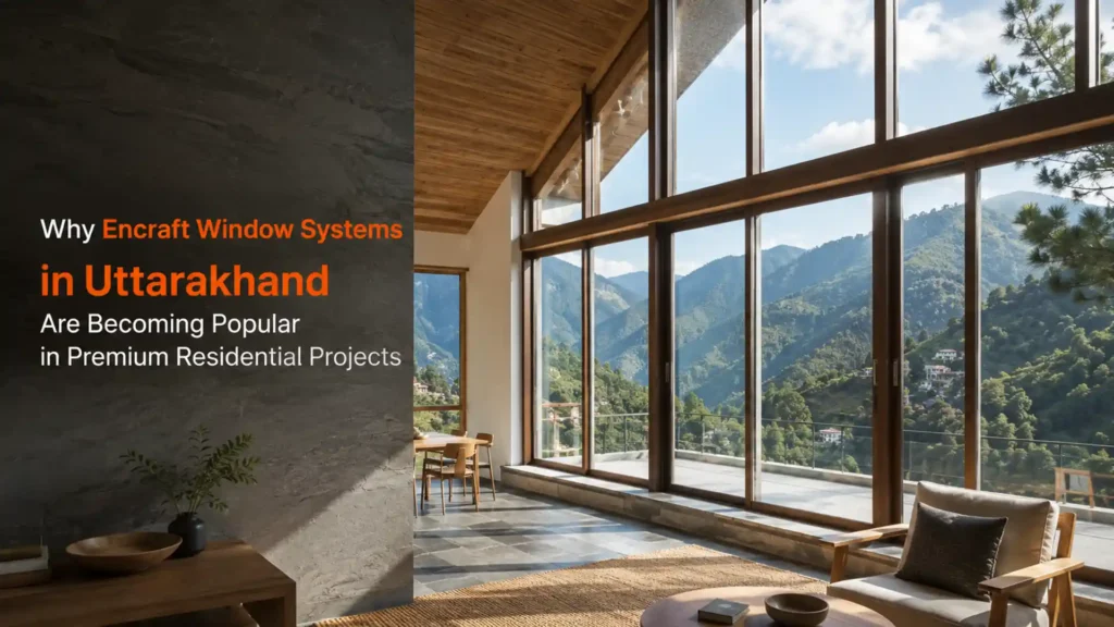 Encraft Window Systems Uttarakhand installed in a premium hillside residence featuring large panoramic windows, energy efficiency, natural light, and scenic mountain views