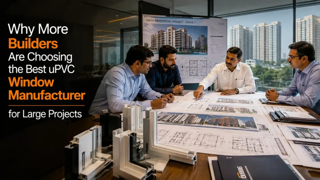 Project team reviewing construction plans while selecting solutions from the Best uPVC Window Manufacturer in Uttarakhand for large residential developments