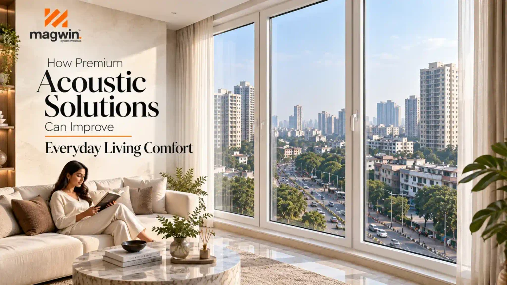 Acoustic uPVC Windows India installed in a modern high-rise living room to help reduce outside traffic noise and improve indoor comfort