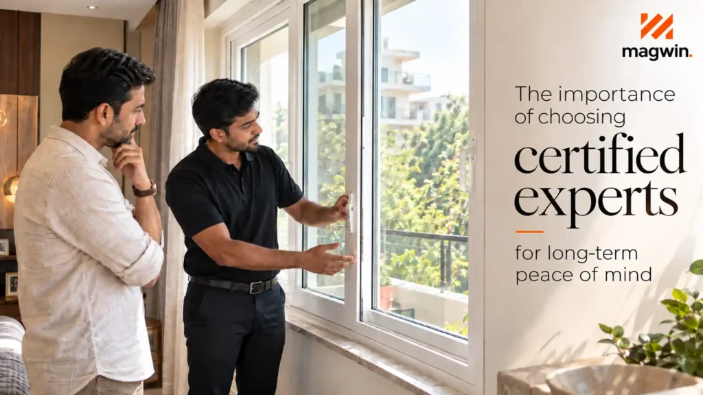 Authorized Encraft uPVC Fabricator explaining uPVC window installation and hardware details to a homeowner in a modern residential interior