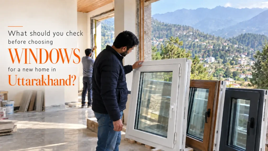 Best uPVC Window Brand in Uttarakhand showing a homeowner comparing white, wood-finish, and dark uPVC window frames during new home construction