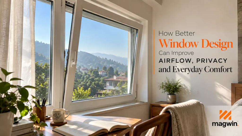 Tilt and Turn Windows Uttarakhand shown partially tilted open in a bright bedroom, allowing controlled airflow while maintaining privacy and indoor comfort