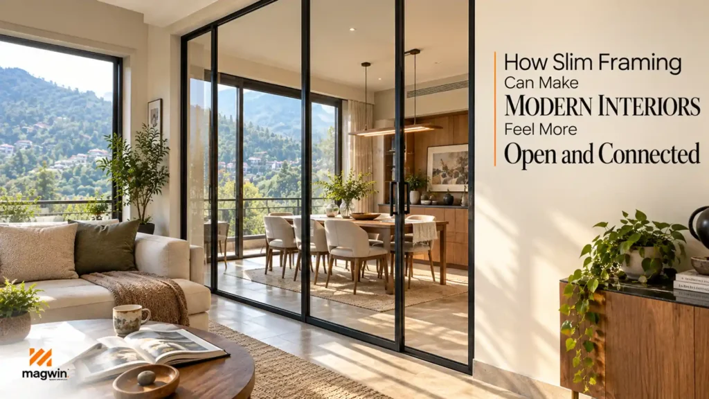 Modern living and dining space featuring Slim Window Partitions in Uttarakhand with narrow black frames, large glass panels, natural light, and clear visual connection between rooms