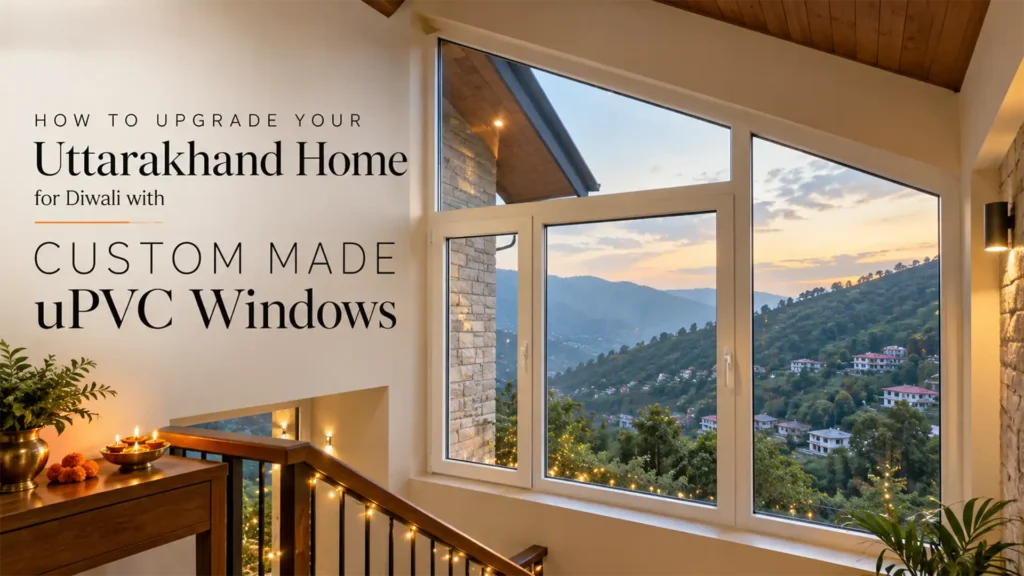 Best uPVC Window Fabricator in Uttarakhand featuring custom-made white uPVC windows in a modern home, overlooking green hills with warm lighting and Diwali decorations.