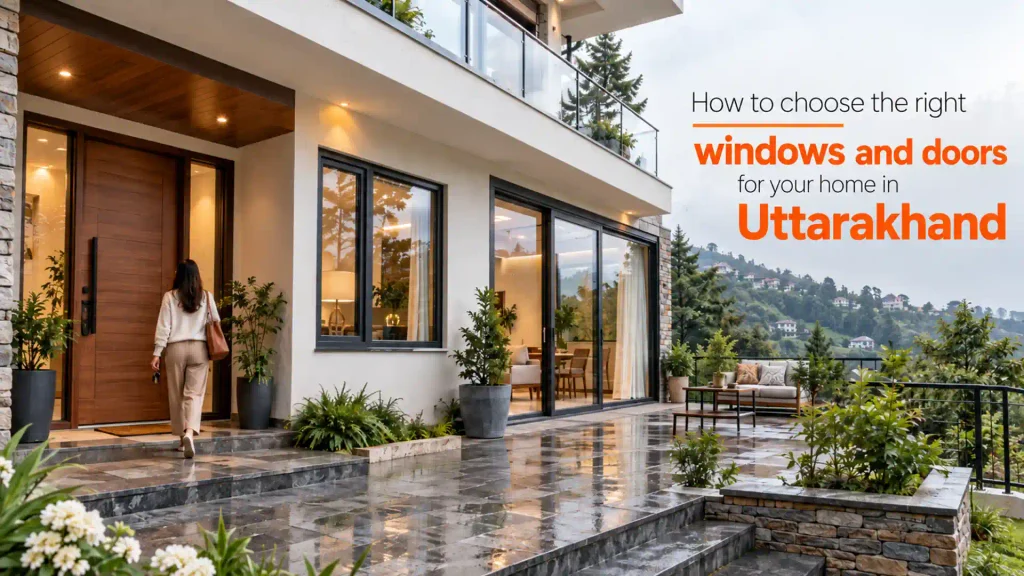 Modern hillside home featuring black-framed glass windows, sliding doors, a wooden entrance door, and a spacious stone terrace, illustrating options for the Best Windows and Doors in Uttarakhand