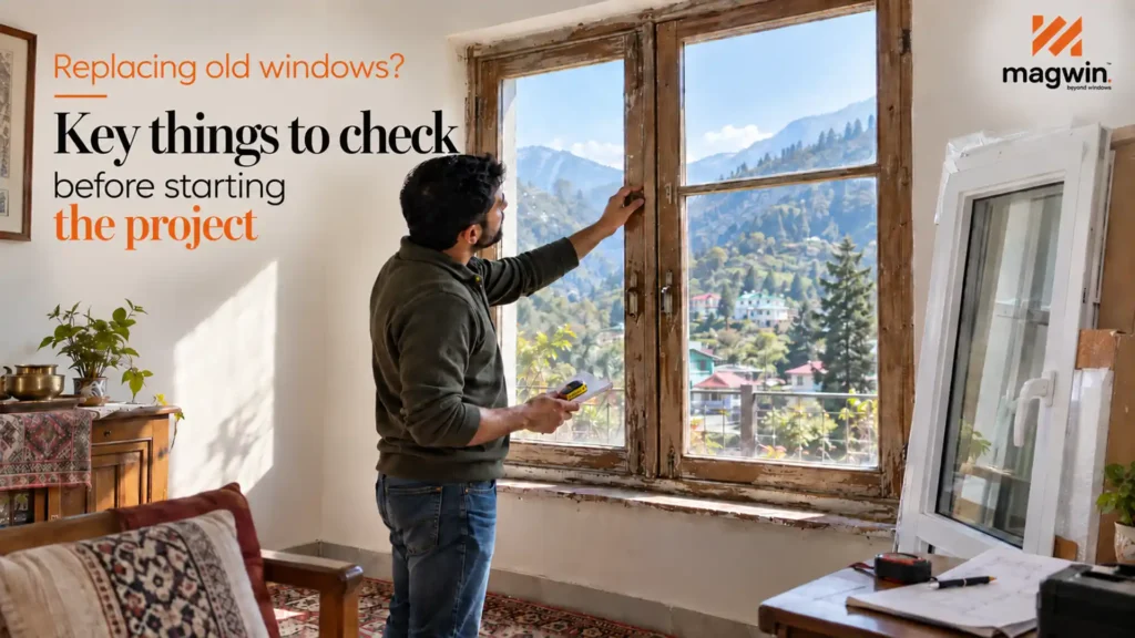 Window Replacement in Uttarakhand showing a homeowner inspecting old wooden window frames while new uPVC windows are ready for installation