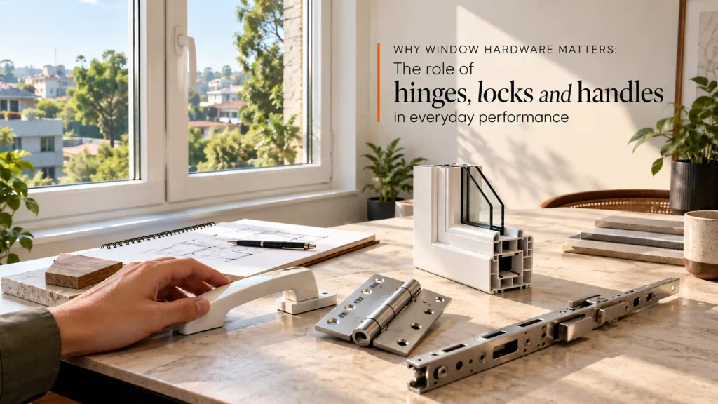 uPVC window handle, metal hinge, locking mechanism, and frame profile displayed on a table for buyers comparing the Best uPVC Window Brand in Haldwani